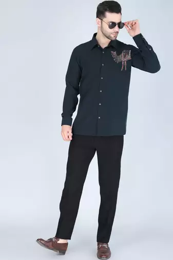 Teal green hand embroidered Long sleeve shirt for men
