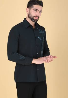 Teal green hand embroidered Long sleeve shirt for men 2