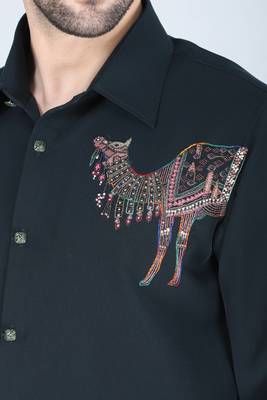 Teal green hand embroidered Long sleeve shirt for men 4