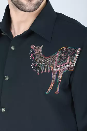 Teal green hand embroidered Long sleeve shirt for men