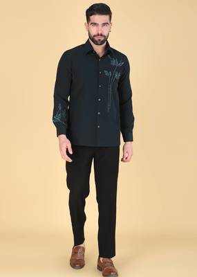 Teal green hand embroidered Long sleeve shirt for men 3