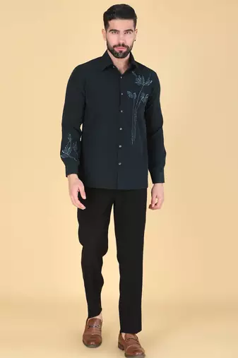 Teal green hand embroidered Long sleeve shirt for men