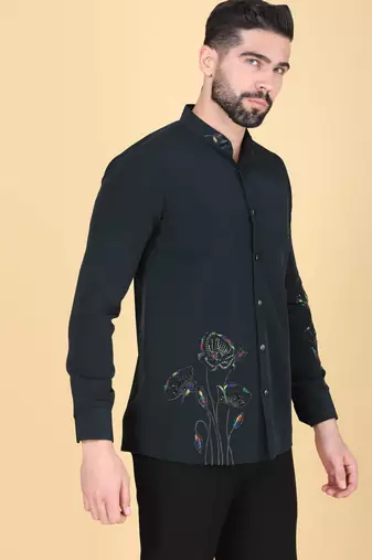 Teal green hand embroidered Long sleeve shirt for men