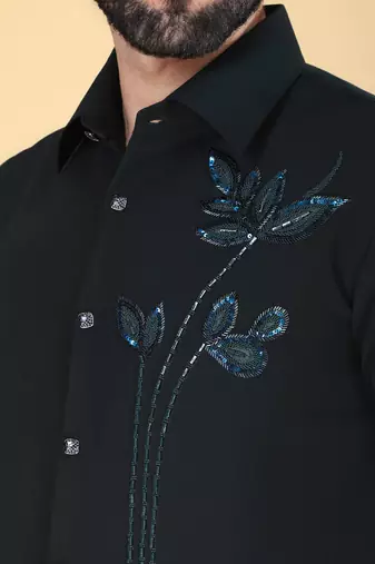 Teal green hand embroidered Long sleeve shirt for men