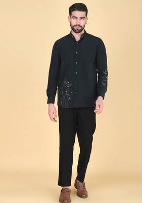 Teal green hand embroidered Long sleeve shirt for men 3