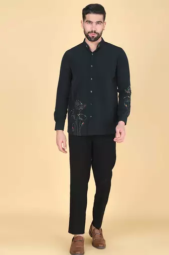 Teal green hand embroidered Long sleeve shirt for men