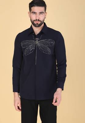 Navy Blue hand embroidered Long sleeve shirt for men 1
