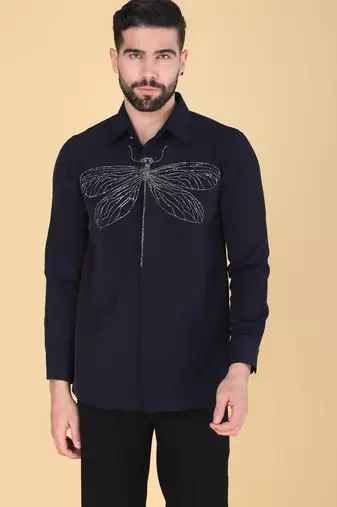 Navy Blue hand embroidered Long sleeve shirt for men