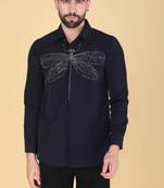 Navy Blue hand embroidered Long sleeve shirt for men