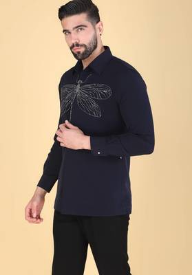 Navy Blue hand embroidered Long sleeve shirt for men 2