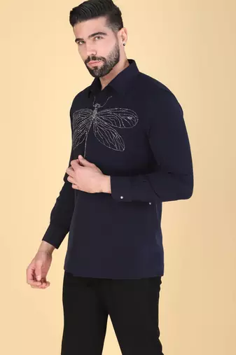 Navy Blue hand embroidered Long sleeve shirt for men