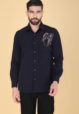 Navy Blue hand embroidered Long sleeve shirt for men 1