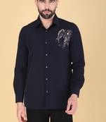 Navy Blue hand embroidered Long sleeve shirt for men