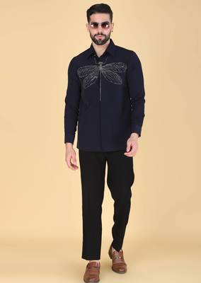 Navy Blue hand embroidered Long sleeve shirt for men 3