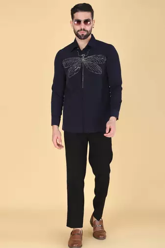 Navy Blue hand embroidered Long sleeve shirt for men