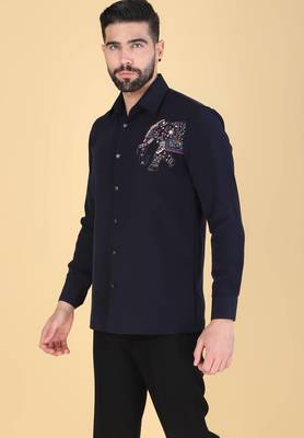 Navy Blue hand embroidered Long sleeve shirt for men 2