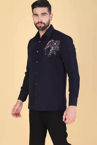 Navy Blue hand embroidered Long sleeve shirt for men