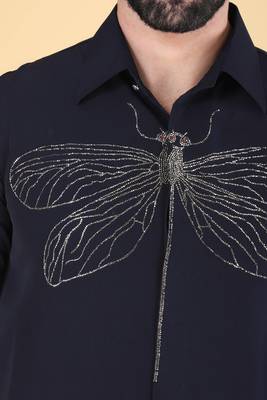 Navy Blue hand embroidered Long sleeve shirt for men 4