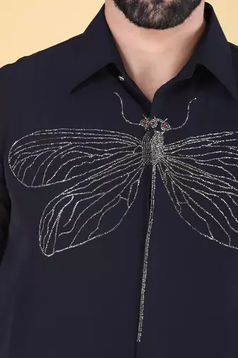 Navy Blue hand embroidered Long sleeve shirt for men