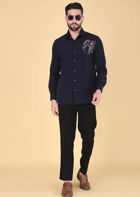 Navy Blue hand embroidered Long sleeve shirt for men 3