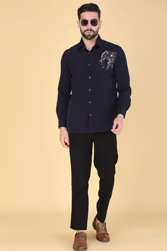 Navy Blue hand embroidered Long sleeve shirt for men