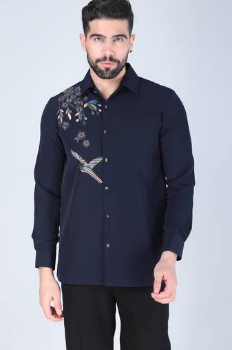 Blue hand embroidered Long sleeve shirt for men