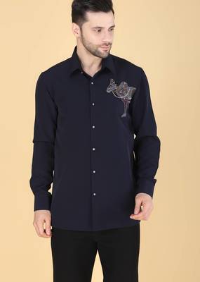 Navy Blue hand embroidered Long sleeve shirt for men 1