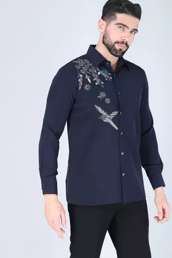 Blue hand embroidered Long sleeve shirt for men