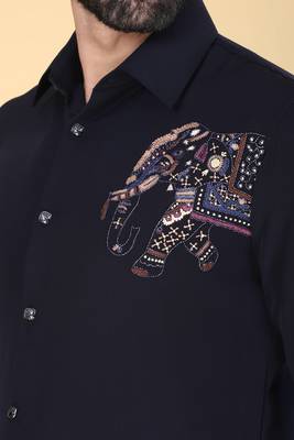 Navy Blue hand embroidered Long sleeve shirt for men 4