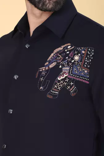 Navy Blue hand embroidered Long sleeve shirt for men