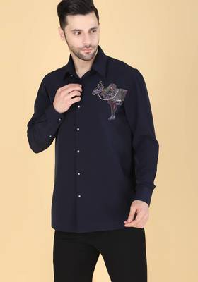 Navy Blue hand embroidered Long sleeve shirt for men 2
