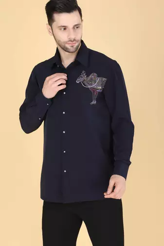 Navy Blue hand embroidered Long sleeve shirt for men