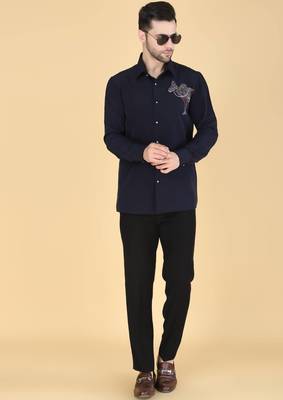Navy Blue hand embroidered Long sleeve shirt for men 3