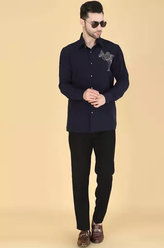 Navy Blue hand embroidered Long sleeve shirt for men