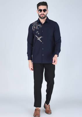 Blue hand embroidered Long sleeve shirt for men 3