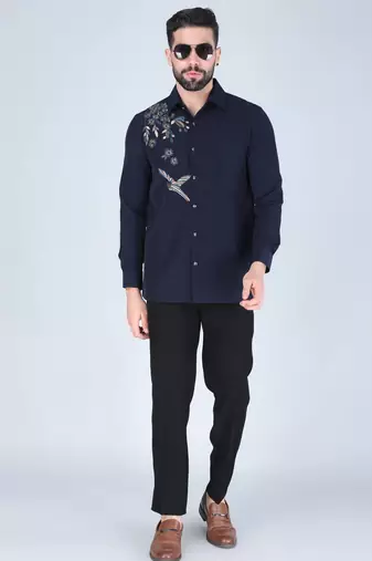 Blue hand embroidered Long sleeve shirt for men