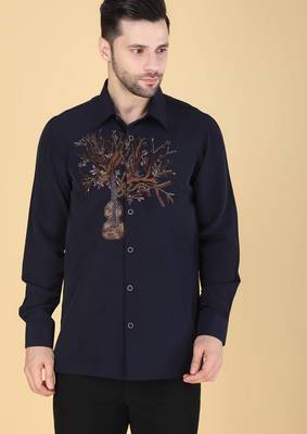 Navy Blue hand embroidered Long sleeve shirt for men 1