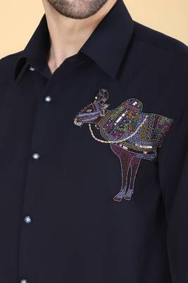 Navy Blue hand embroidered Long sleeve shirt for men 4