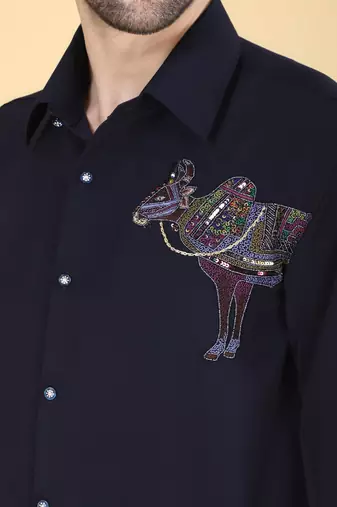 Navy Blue hand embroidered Long sleeve shirt for men