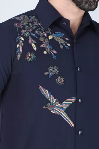 Blue hand embroidered Long sleeve shirt for men