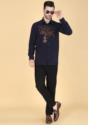 Navy Blue hand embroidered Long sleeve shirt for men 2