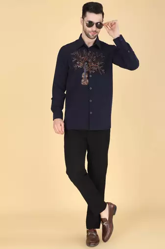 Navy Blue hand embroidered Long sleeve shirt for men