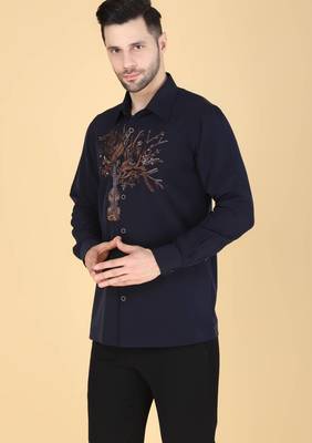 Navy Blue hand embroidered Long sleeve shirt for men 3