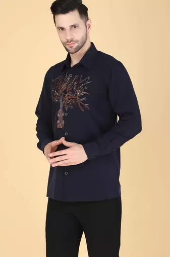 Navy Blue hand embroidered Long sleeve shirt for men