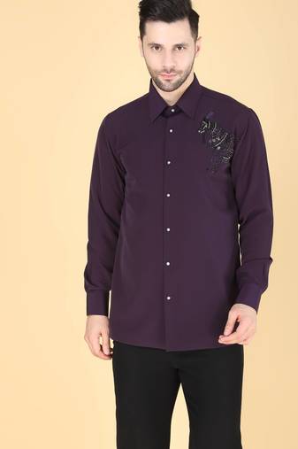 Purple hand embroidered Long sleeve shirt for men