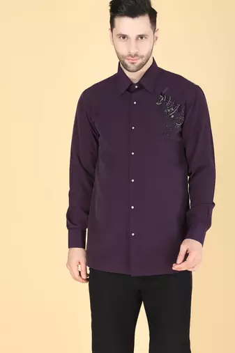 Purple hand embroidered Long sleeve shirt for men