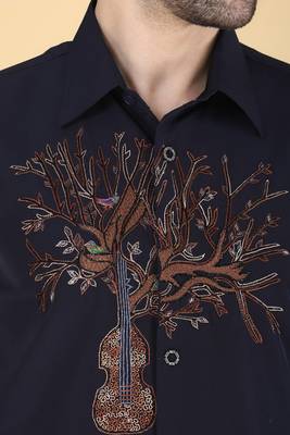 Navy Blue hand embroidered Long sleeve shirt for men 4
