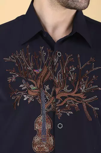 Navy Blue hand embroidered Long sleeve shirt for men