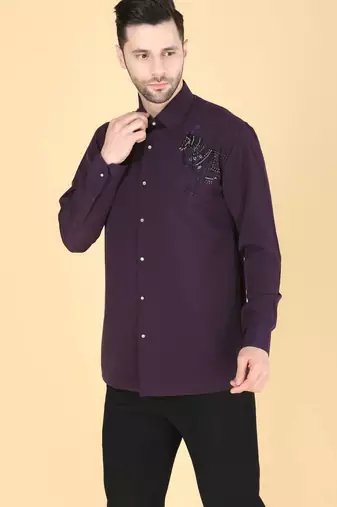 Purple hand embroidered Long sleeve shirt for men
