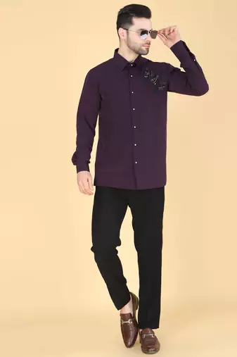 Purple hand embroidered Long sleeve shirt for men
